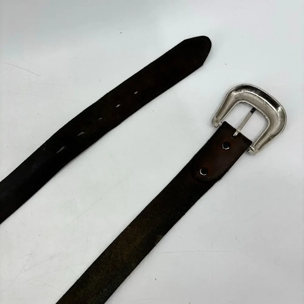 Western Mens Belt Size 34 Distressed Cowboy Brown Leather Silver Buckle